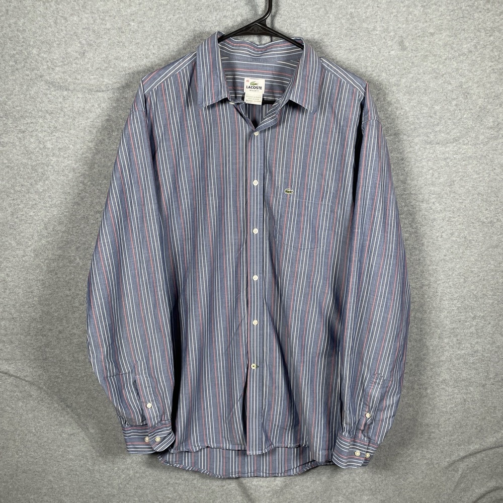 MENS LACOSTE LONG SLEEVE BLUE/WHITE STRIPED BUTTON DOWN SHIRT XL/2XL Size 45